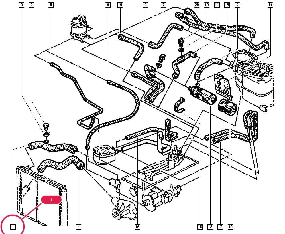 K480 — Manual › 19 Cooling system - Reservoirs - Exhaust system - Engine mounting / Radiator hoses