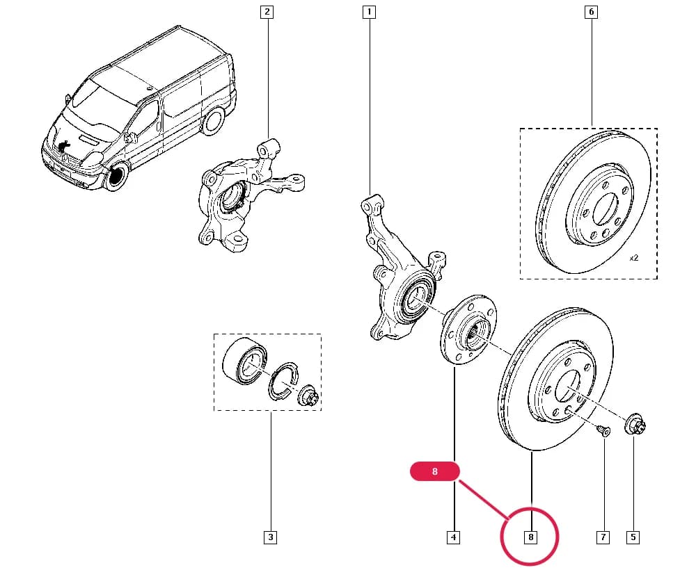 EL00 — Manual › 31 Front bearing elements / Stub axle - disk