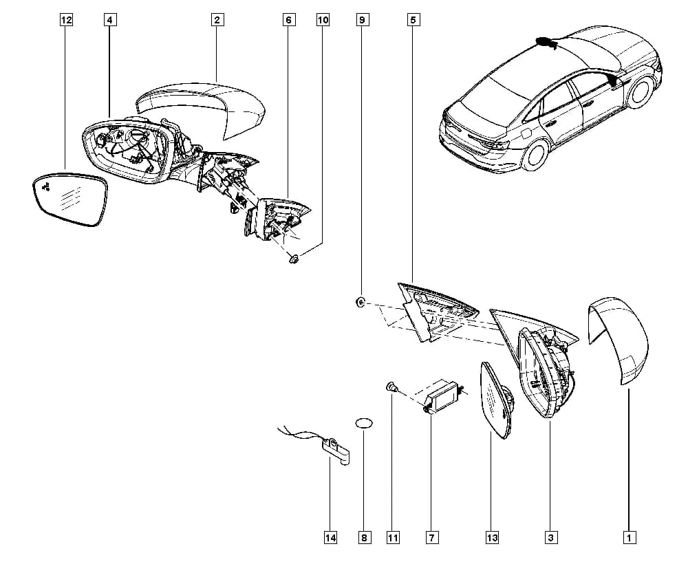 Equipment level = EA1 or Equipment level = EA2, NFAB = D, Additional to Limited Edition = EQPEUR or Additional to Limited Edition = EQPEXP, Type of door mirrors = RET03-Door mirrors 03, Door opening remote control type = SOPC1C; Equipment level = EA1, NFAB = D, Additional to Limited Edition = EQPEXP, Type of door mirrors = RET04-Door mirrors 04; Equipment level = EA2, NFAB = D, Additional to Limited Edition = EQPEUR, Type of door mirrors = RET04-Door mirrors 04, Door opening remote control type = SOP02C or Door opening remote control type = SOP03C; Equipment level = EA2, NFAB = D, Additional to Limited Edition = EQPEXP, Blind spot sensor = SDANGM - Without blind spot sensor, Type of door mirrors = RET04-Door mirrors 04, Door opening remote control type = SOP02C or Door opening remote control type = SOP03C; Equipment level = EA3, NFAB = D, Additional to Limited Edition = EQPEUR, Blind spot sensor = SDANGM - Without blind spot sensor, Type of door mirrors = RET04-Door mirrors 04; Equipment level = EA3, NFAB = D, Additional to Limited Edition = EQPEXP, Blind spot sensor = SDANGM - Without blind spot sensor, Type of door mirrors = RET05-Door mirrors 05 — KPA3 — Bodywork › 56 Various external accessories / Internal and external rear view mirrors