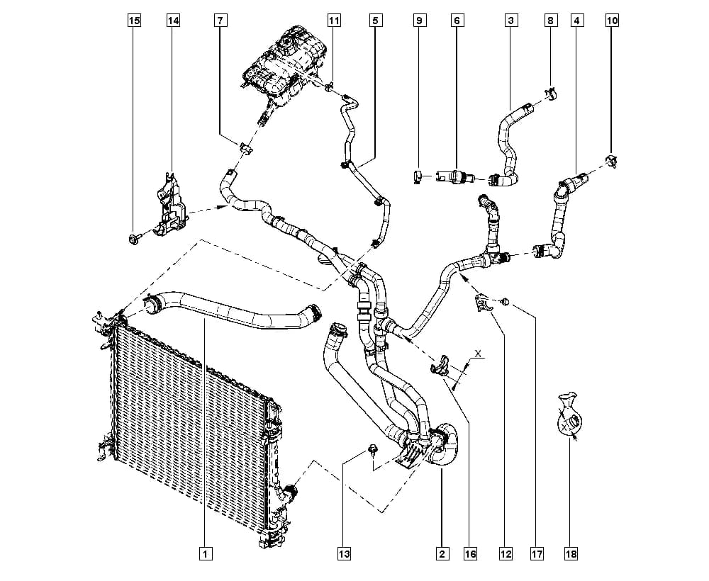 NFAB = R, Type of climate = Temperate climate, Engine thermoplunger = STHPLG-Without engine thermoplunger; NFAB = R, Type of climate = Temperate climate, Engine thermoplunger = THEPLG-With engine thermoplunger — LVA1 — Manual › 19 Cooling system - Reservoirs - Exhaust system - Engine mounting / Radiator hoses