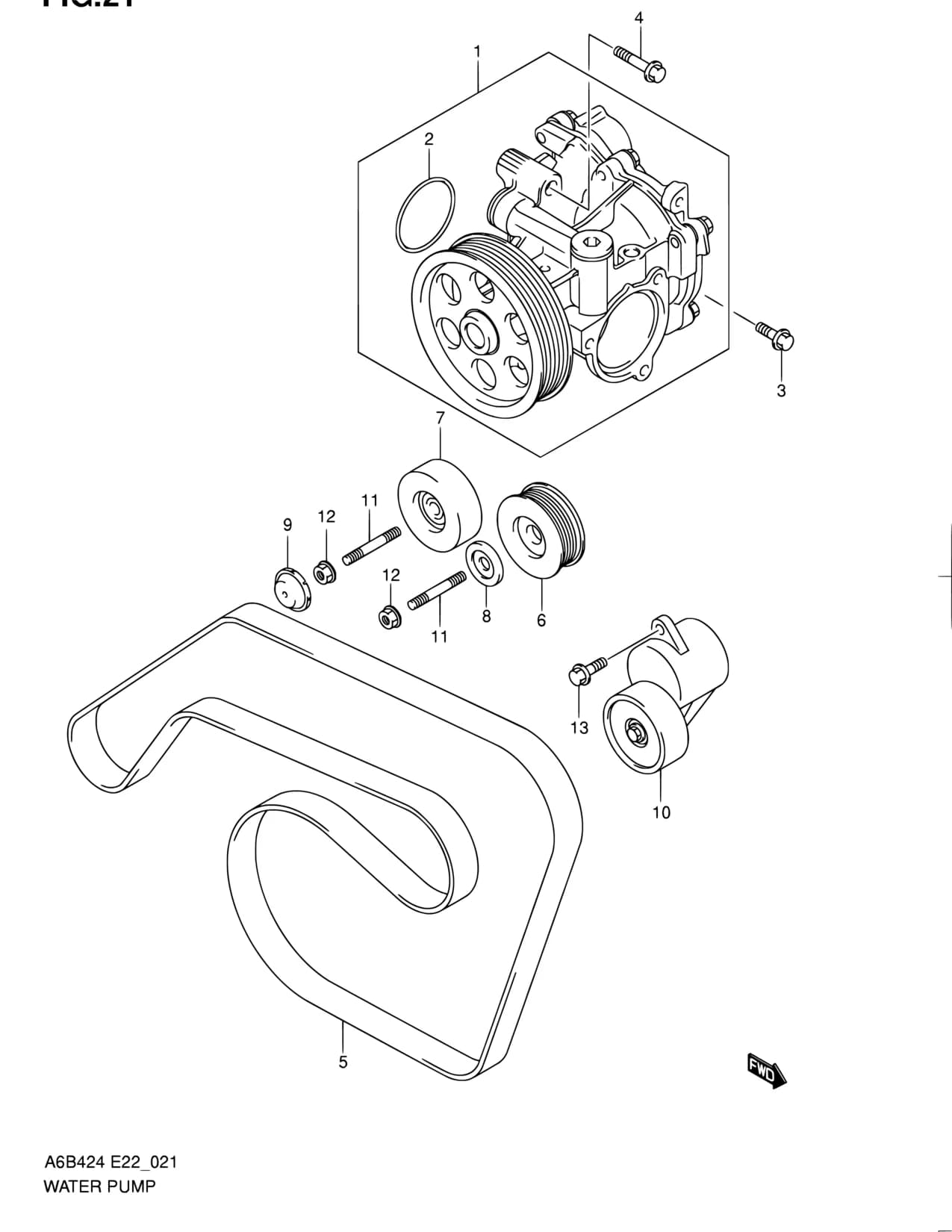 A6B424 (E02,E06,E10,E22,E24,E30,E43,E48,E54,E90,E96) — Cooling › 21 - WATER PUMP