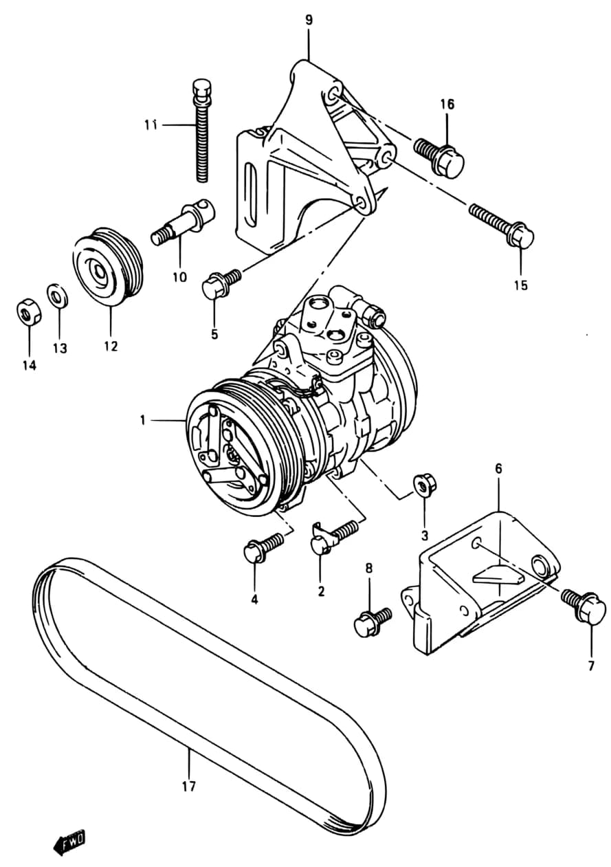 Q,V:N/POWER STEERING — SJ413-9 — Steering › 128 - COMPRESSOR MOUNTING