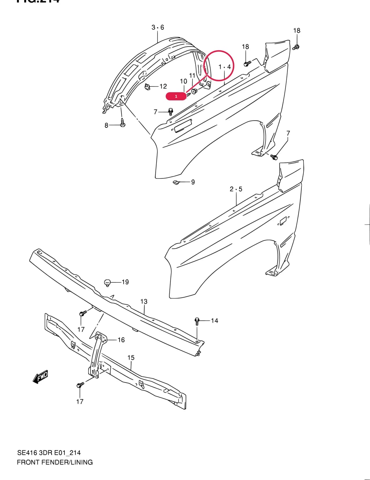 SE416 (3DR) — Body › 214 - FRONT FENDER AND LINING