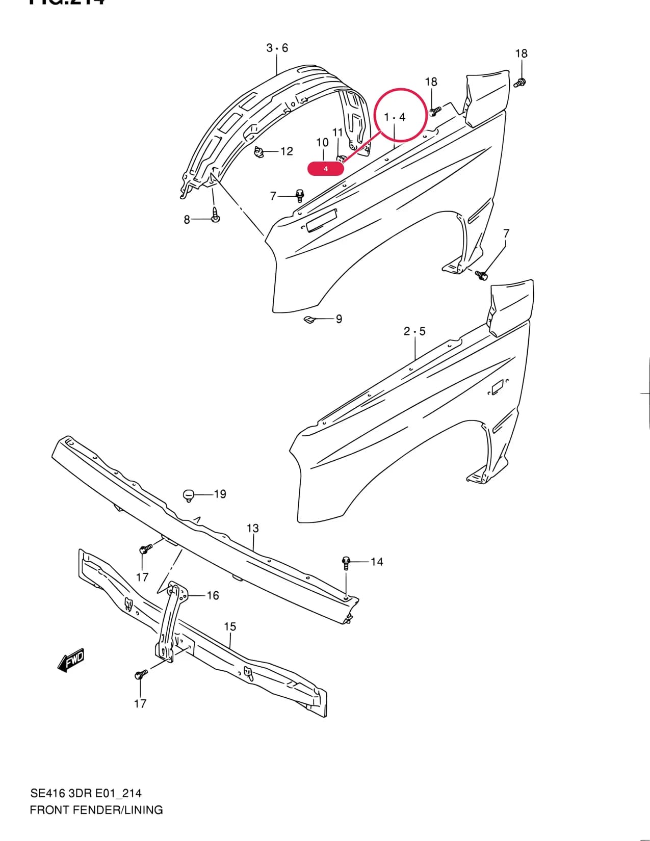 SE416 (3DR) — Body › 214 - FRONT FENDER AND LINING