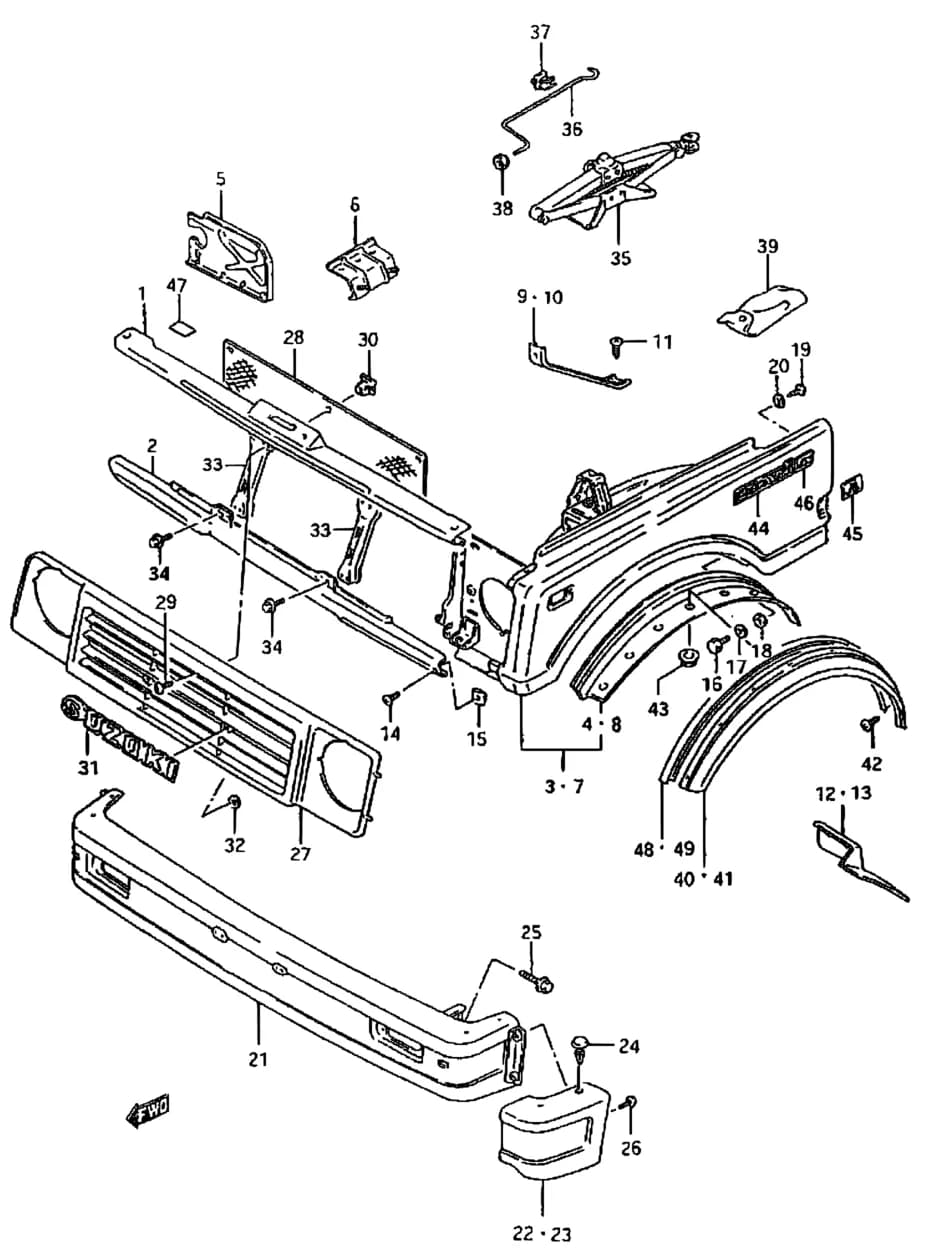 SJ413 (E03,E33:MY 1988 1/2) — Body › 61A - FRONT BODY (89 MODEL)