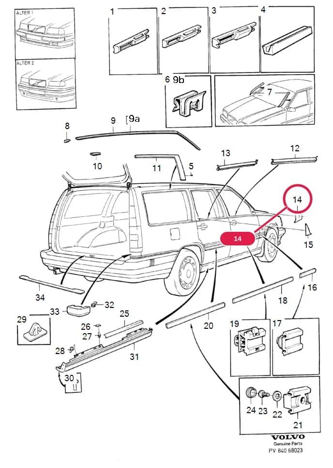 84 Exterior trim, glass, weatherstrips — Subgroups of category: "Exterior trim, glass, weatherstrips" › emblems Trim mouldings ALTER 1, 1996- 5DRS , 5DRS S.R