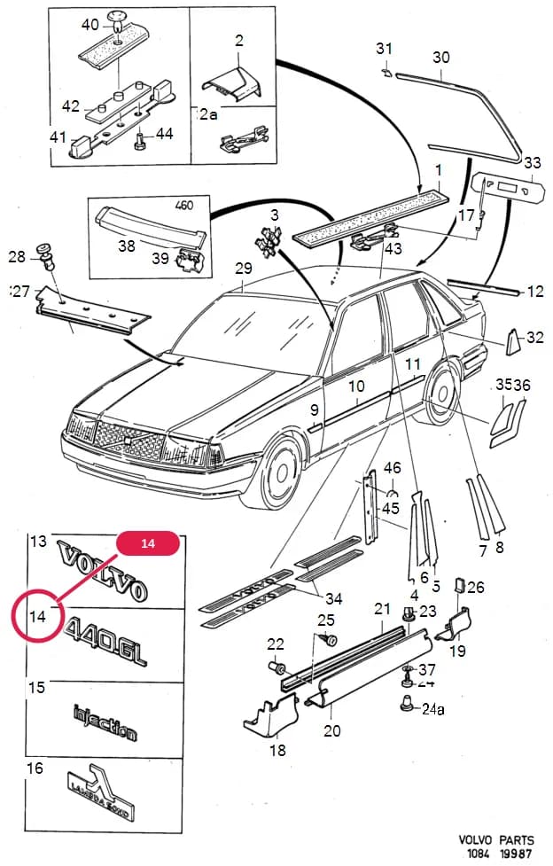 84 Exterior trim, glass, weatherstrips — Subgroups of category: "Exterior trim, glass, weatherstrips" › Trim mouldings emblems 1994- 440