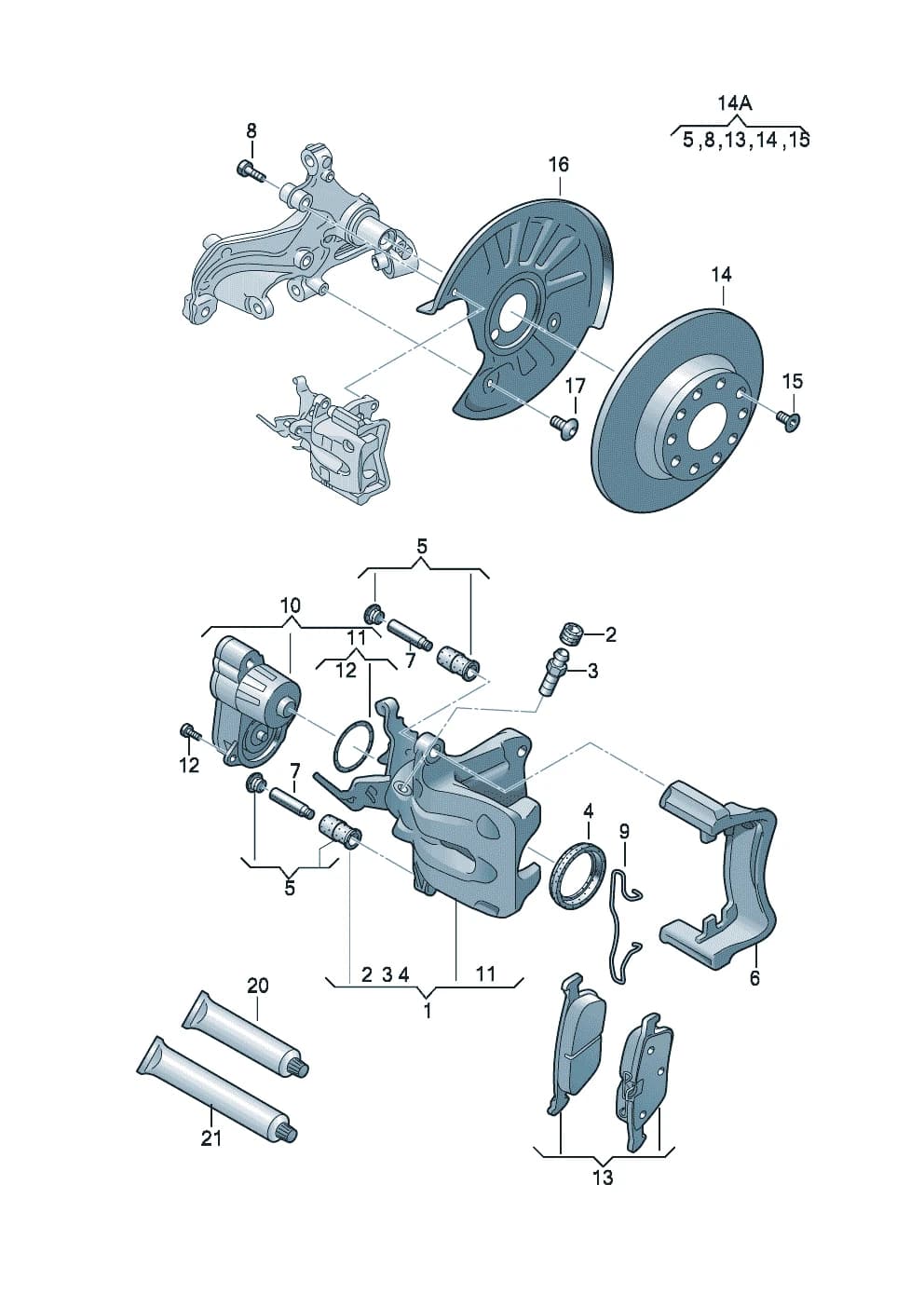 1 set of brake pads for disk brake D - 30.09.2013>> - 03.11.2014 — A3 A3 S3 Sportback/Limousine Quattro (Typ 8V) (2013–2016) — Floating caliper brake Brake caliper housing calliper carrier Brake disc