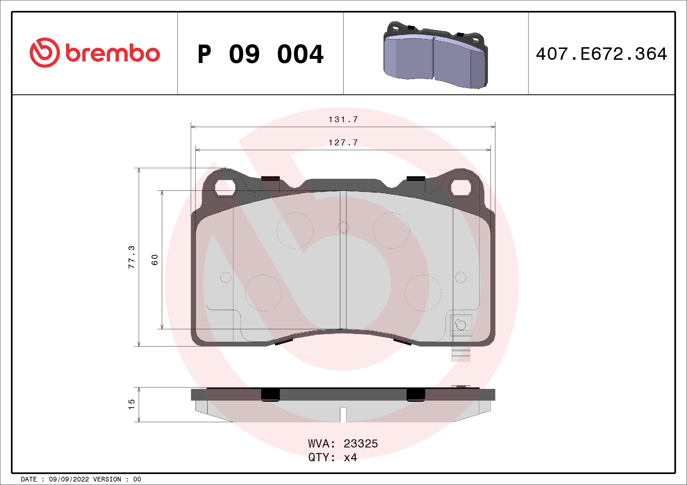 8020584090381 | Brake Pad Set, disc brake BREMBO P 09 004