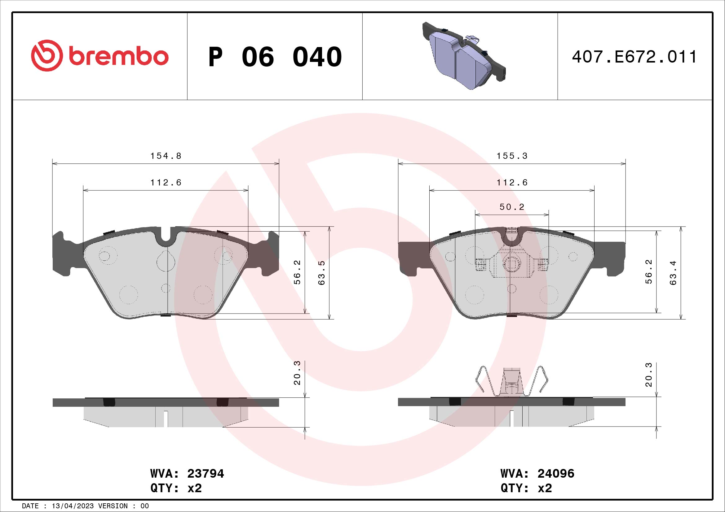 8020584059883 | Brake Pad Set, disc brake BREMBO P 06 040
