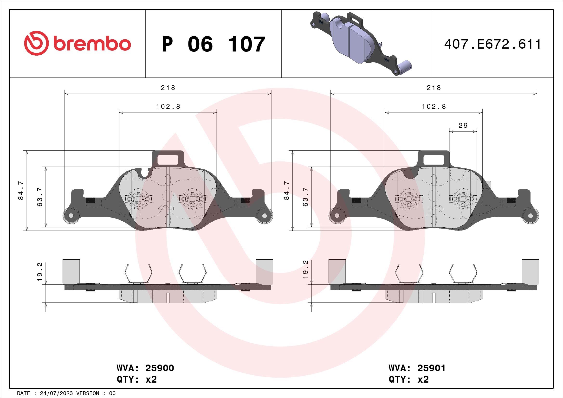 8020584069646 | Brake Pad Set, disc brake BREMBO P 06 107