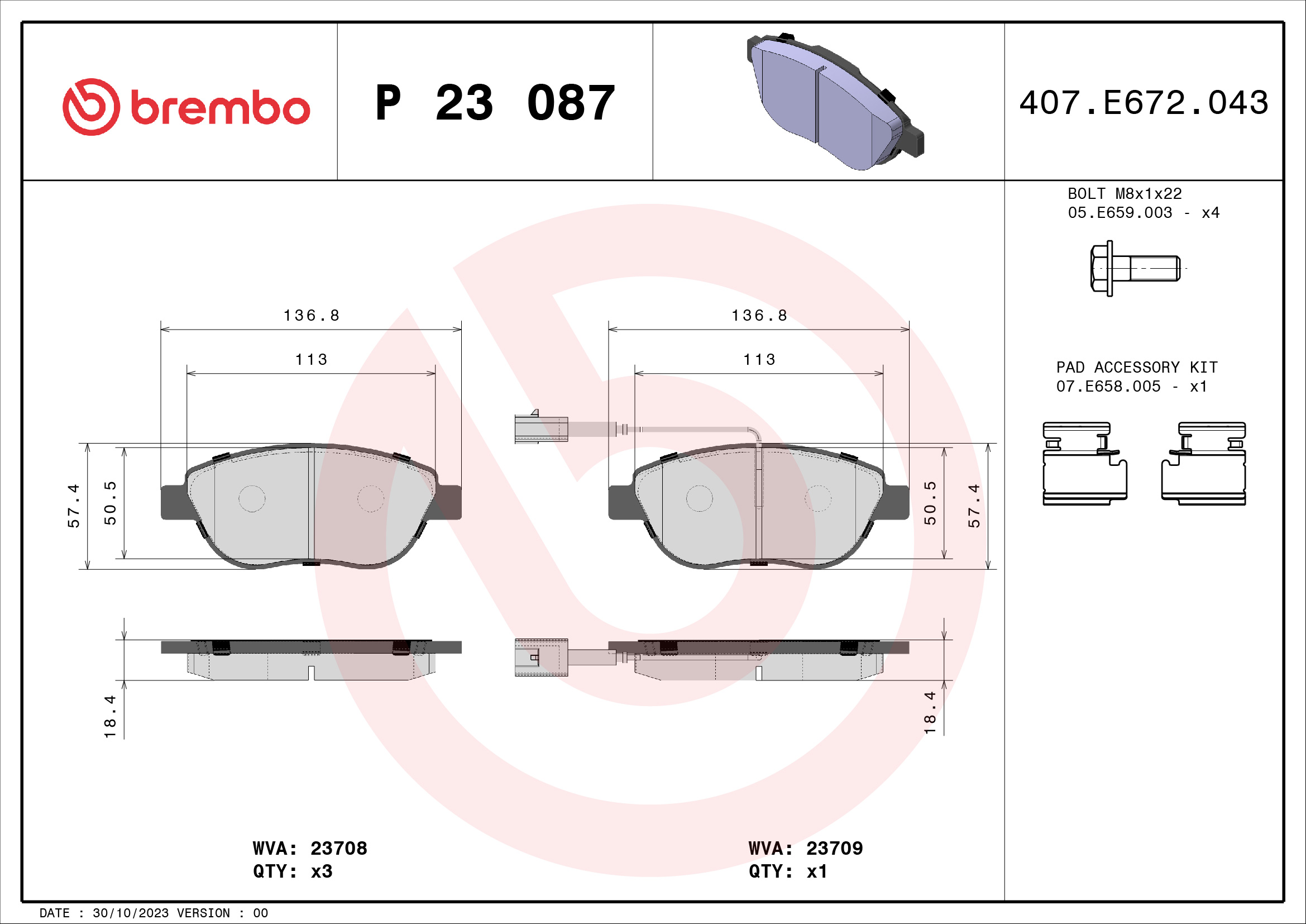 8020584051573 | Brake Pad Set, disc brake BREMBO P 23 087