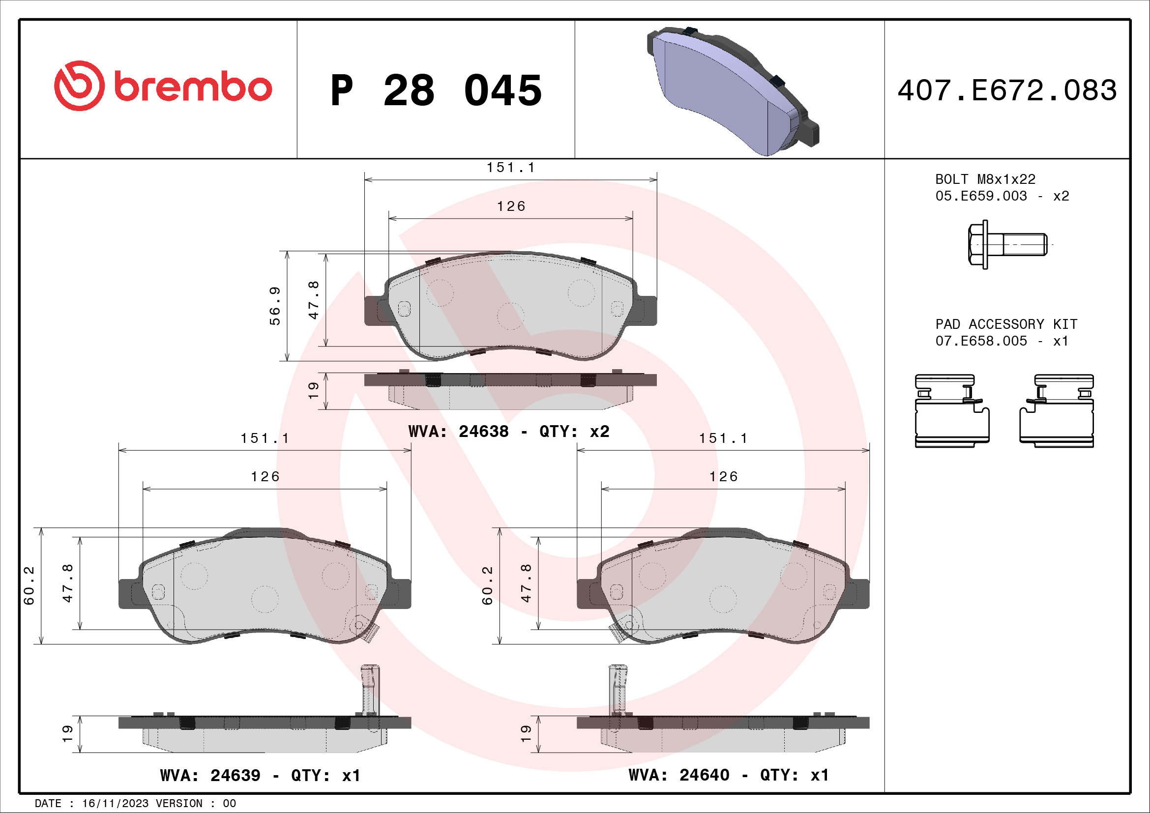 8020584060582 | Brake Pad Set, disc brake BREMBO P 28 045