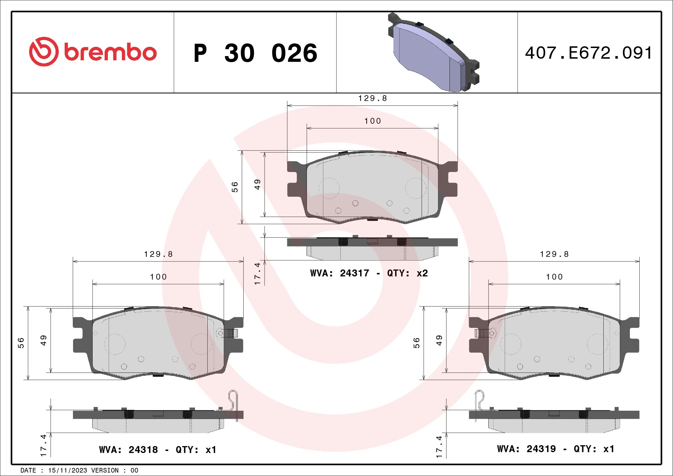 8020584060643 | Brake Pad Set, disc brake BREMBO P 30 026