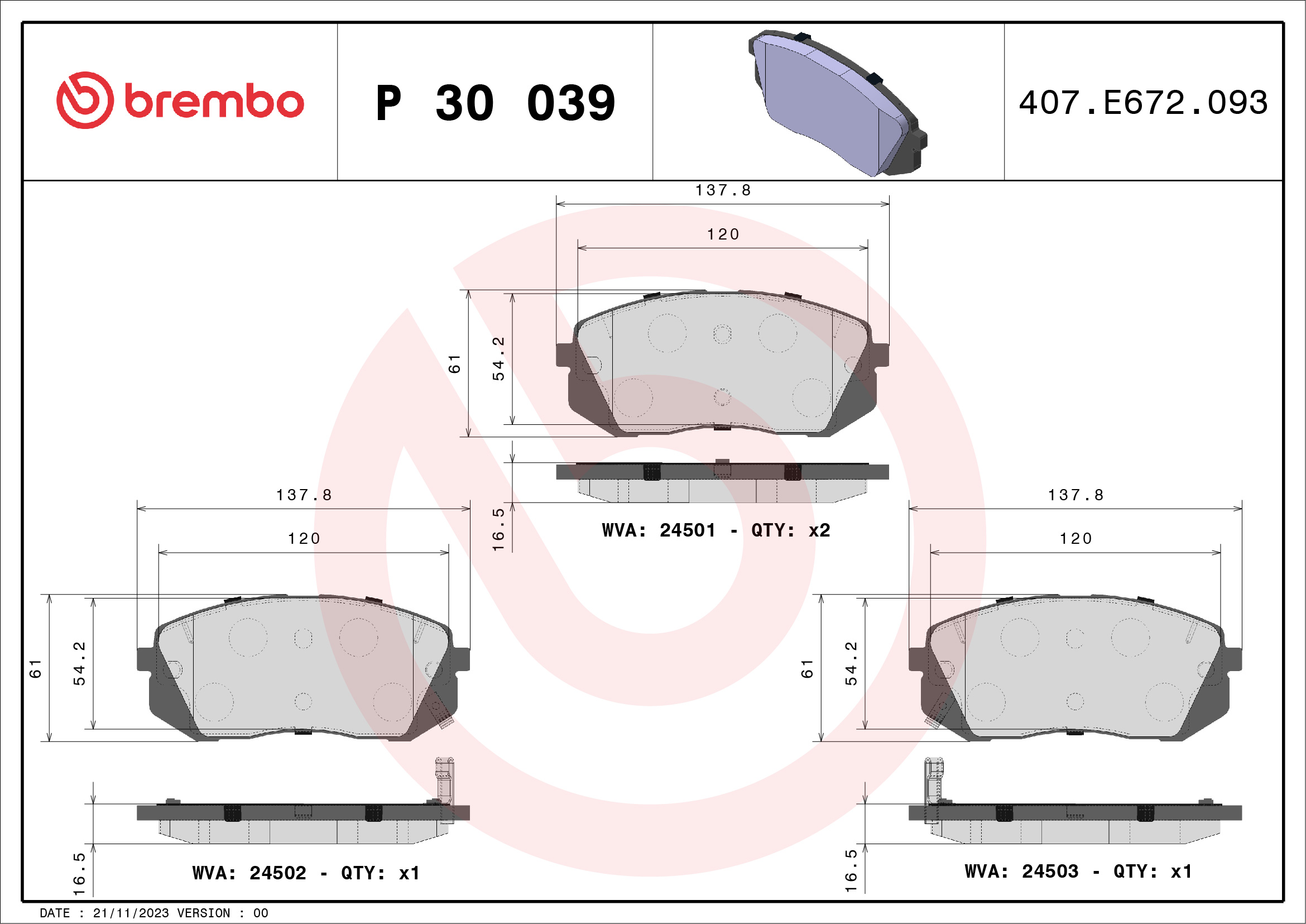 8020584060773 | Brake Pad Set, disc brake BREMBO P 30 039