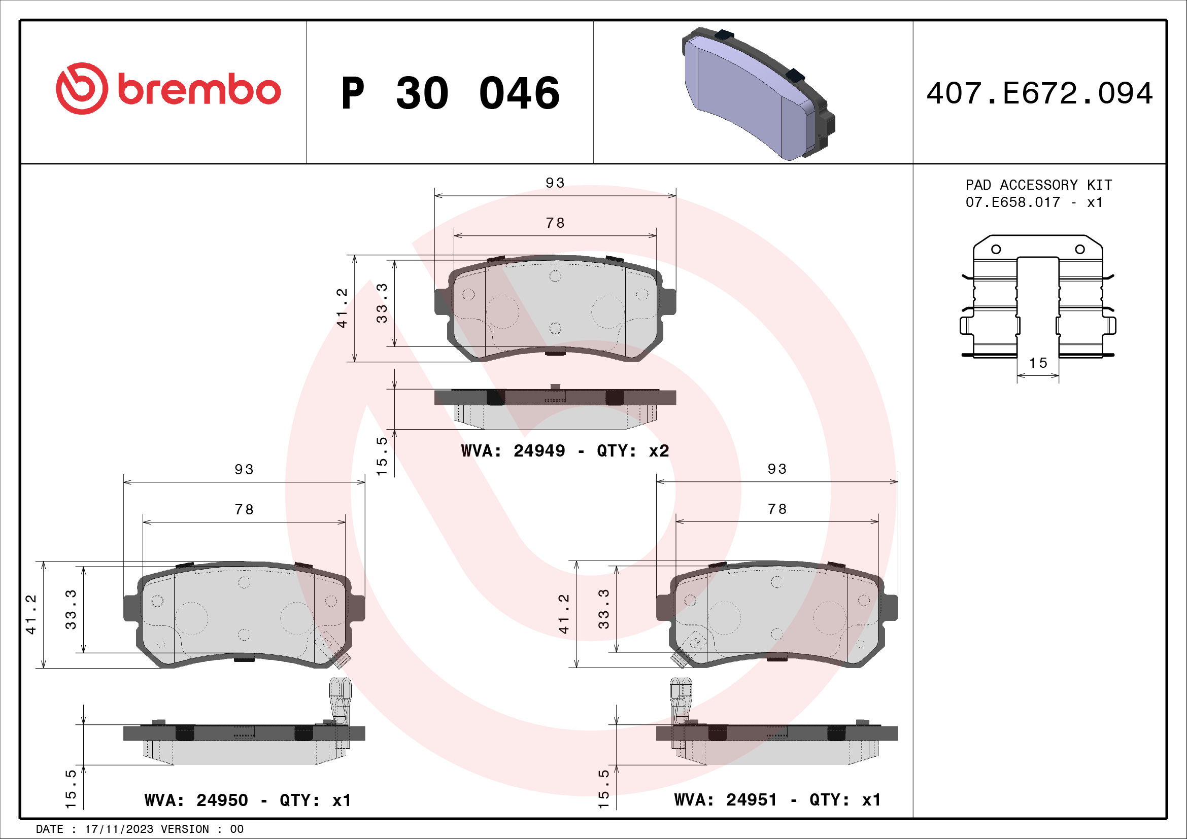 8020584090589 | Brake Pad Set, disc brake BREMBO P 30 046