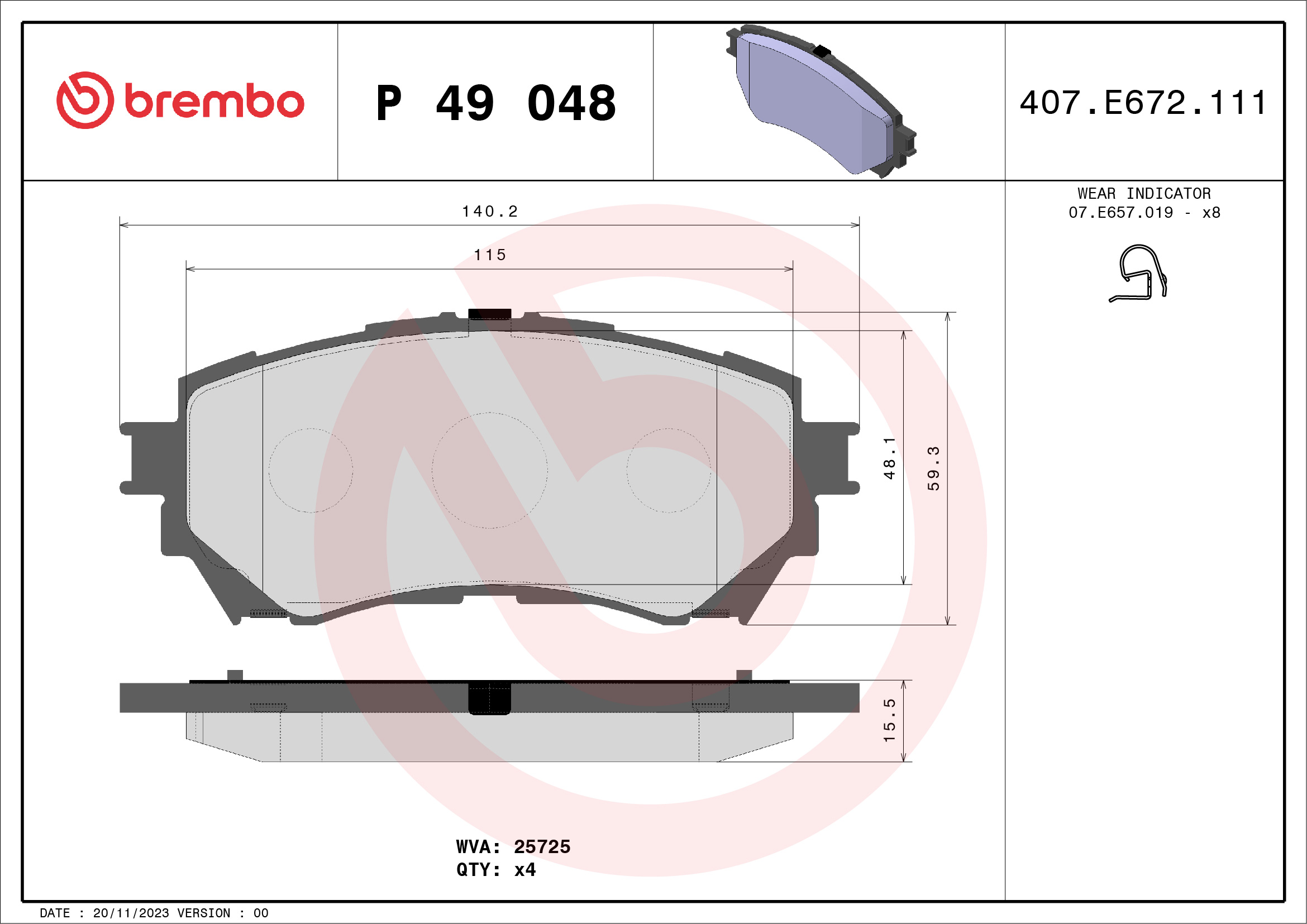 8020584110737 | Brake Pad Set, disc brake BREMBO P 49 048