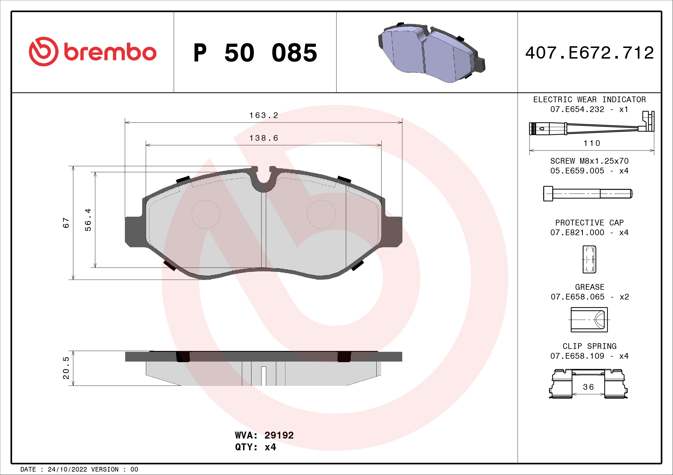 8020584061244 | Brake Pad Set, disc brake BREMBO P 50 085