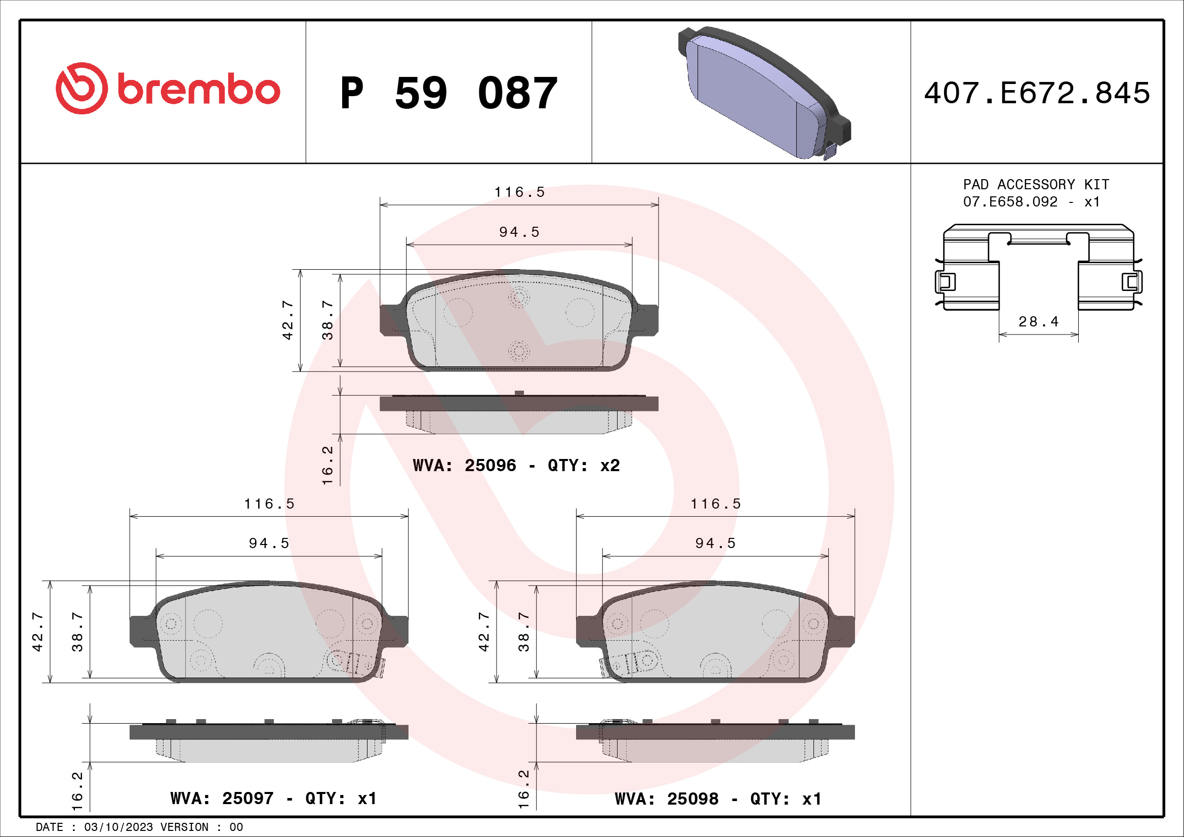 8020584083987 | Brake Pad Set, disc brake BREMBO P 59 087
