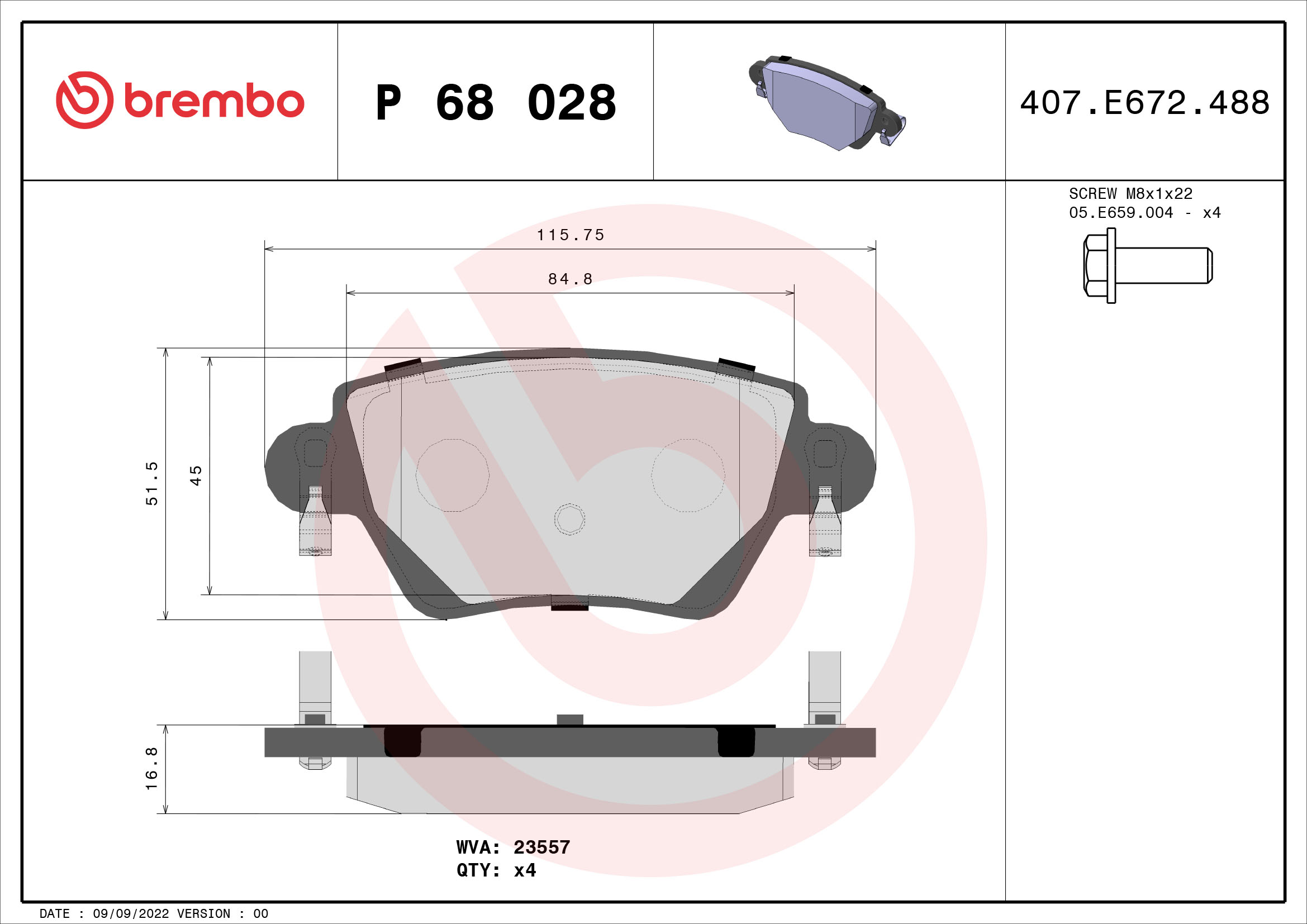 8020584056912 | Brake Pad Set, disc brake BREMBO P 68 028