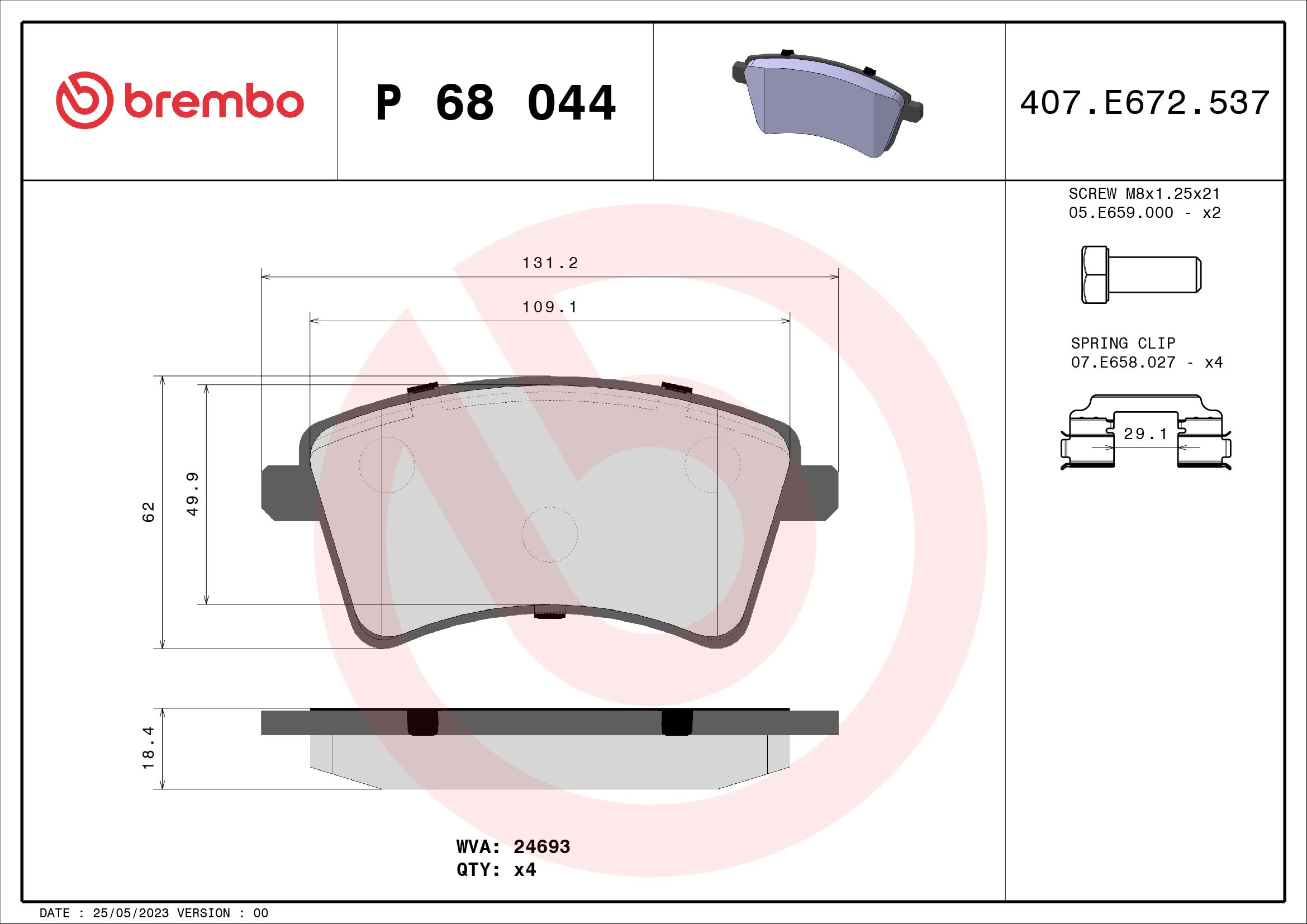 8020584061954 | Brake Pad Set, disc brake BREMBO P 68 044