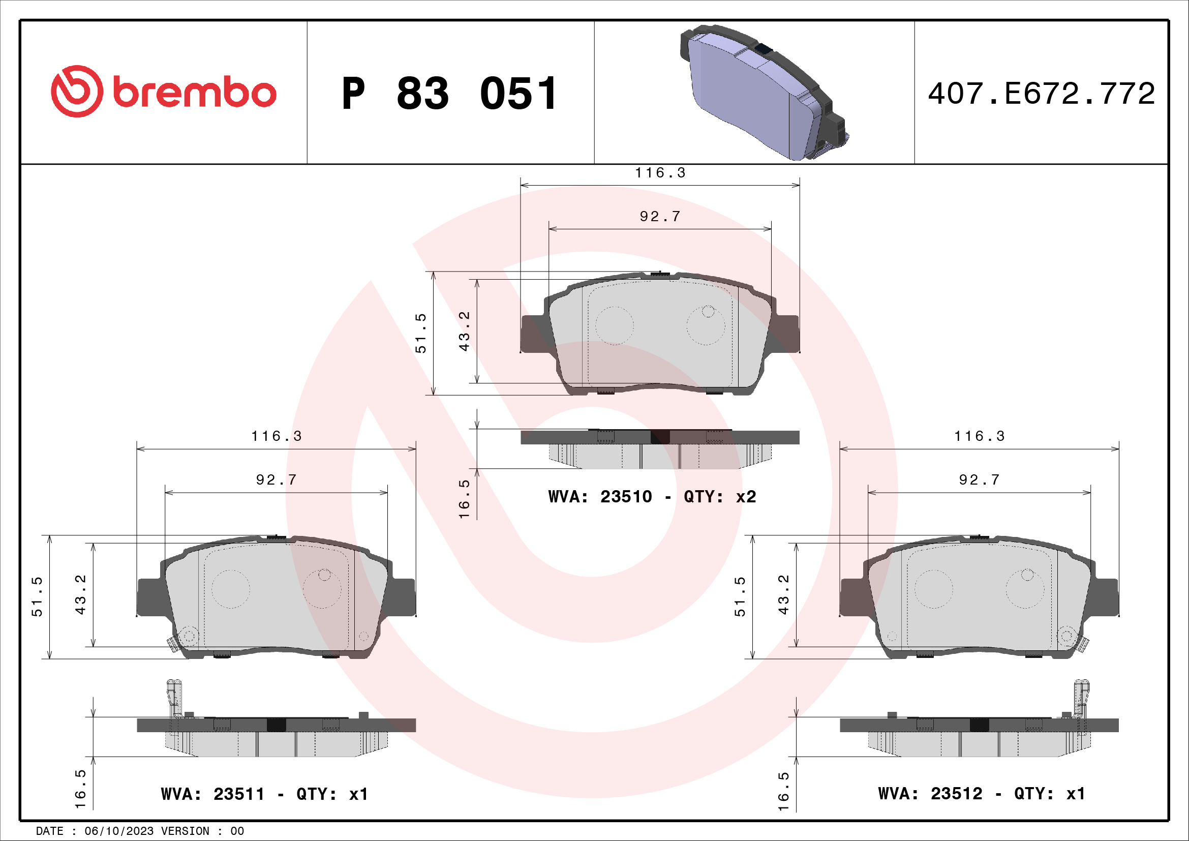 8020584057865 | Brake Pad Set, disc brake BREMBO P 83 051