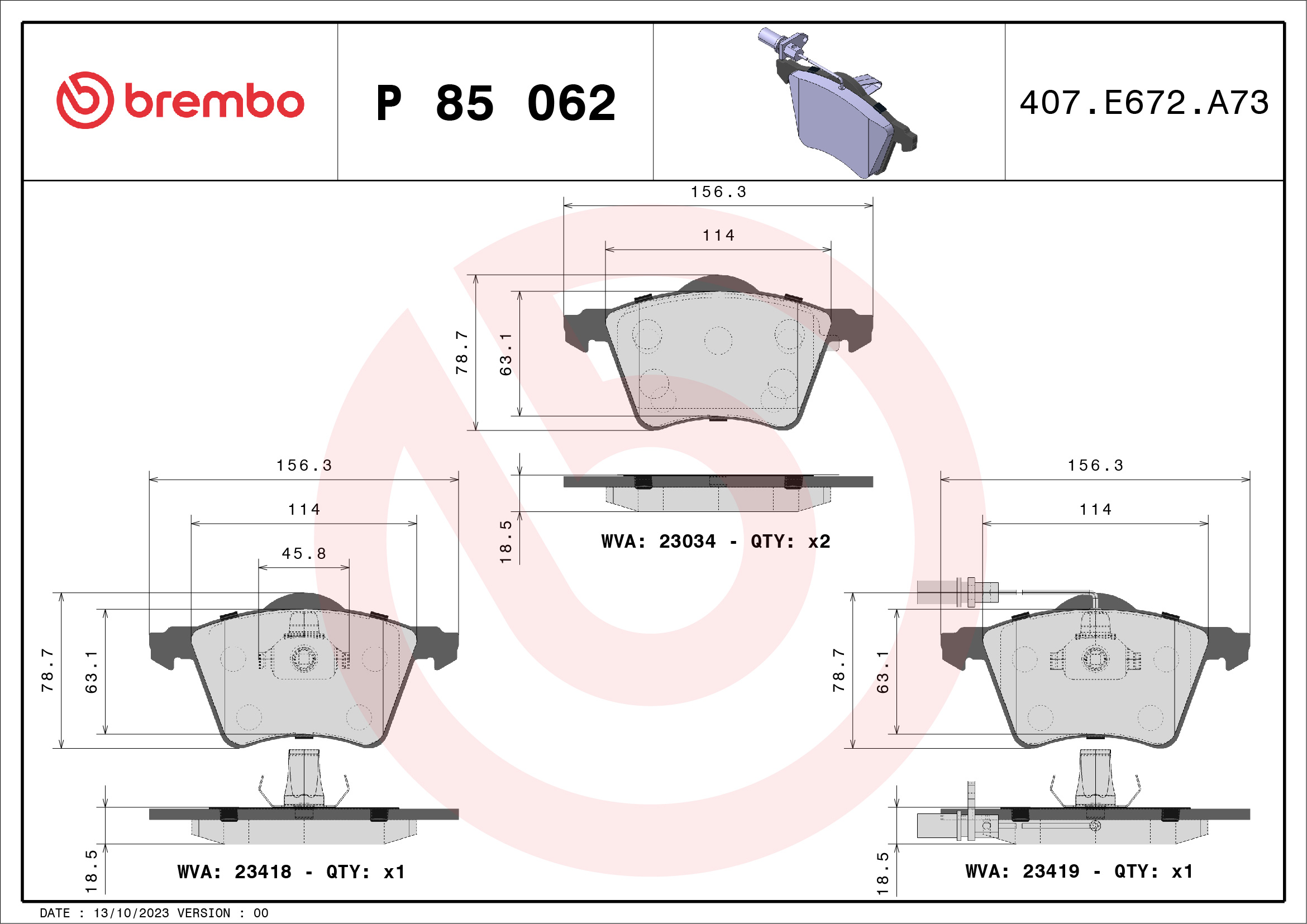 8020584058657 | Brake Pad Set, disc brake BREMBO P 85 062
