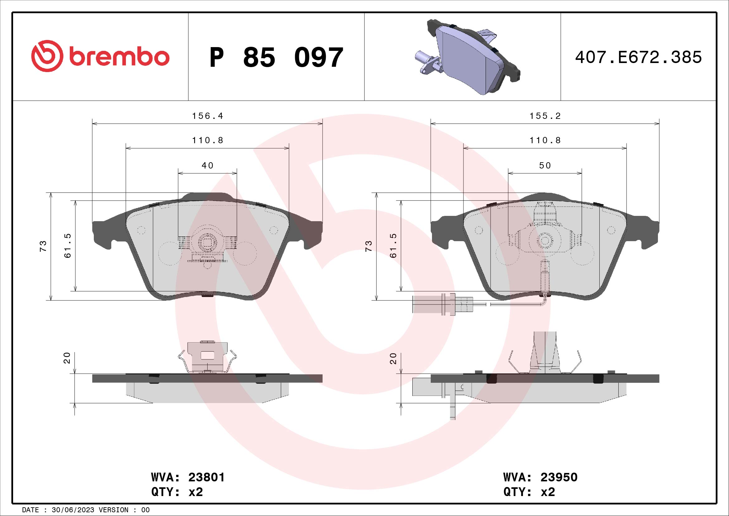 8020584062463 | Brake Pad Set, disc brake BREMBO P 85 097