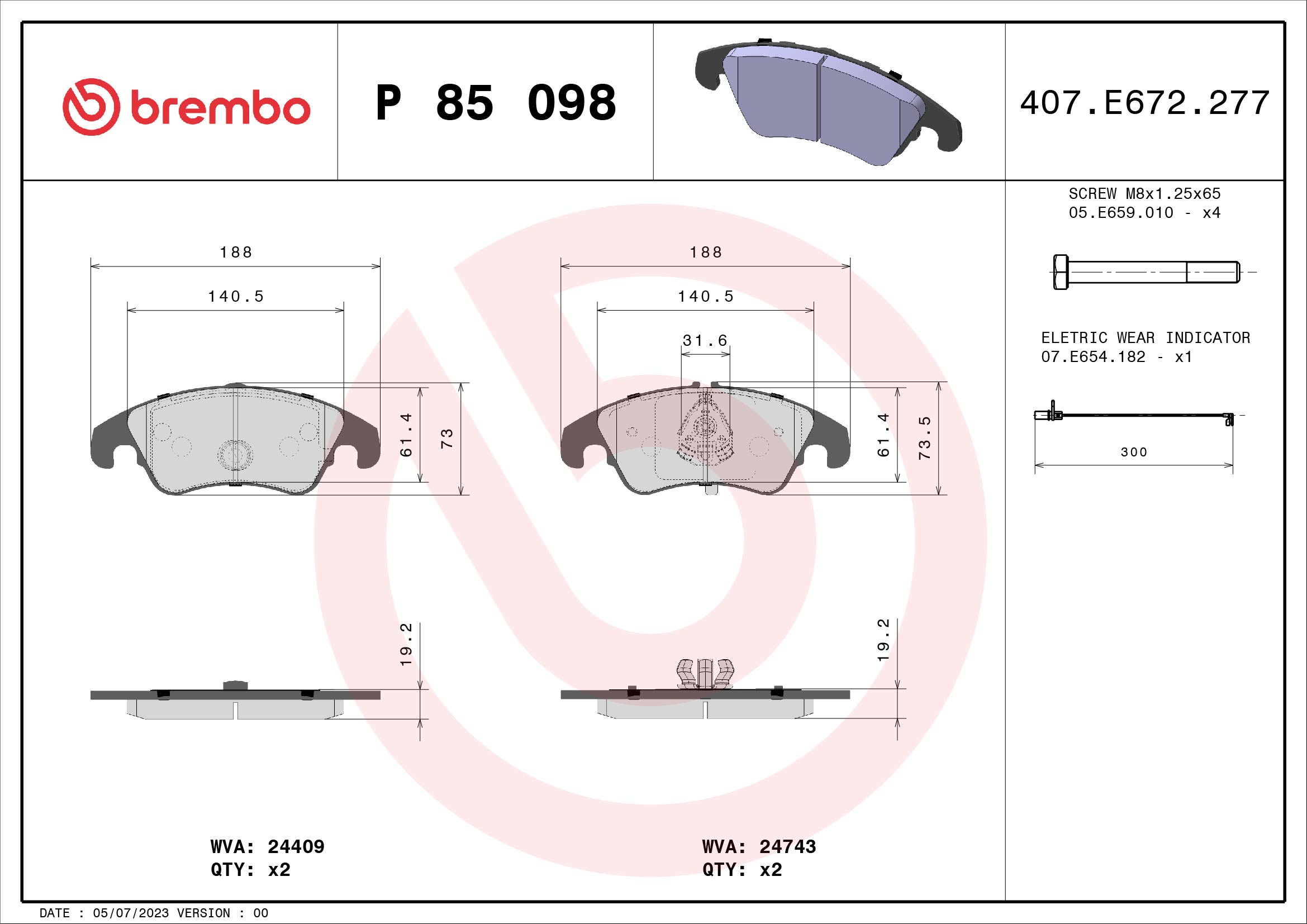 8020584062470 | Brake Pad Set, disc brake BREMBO P 85 098