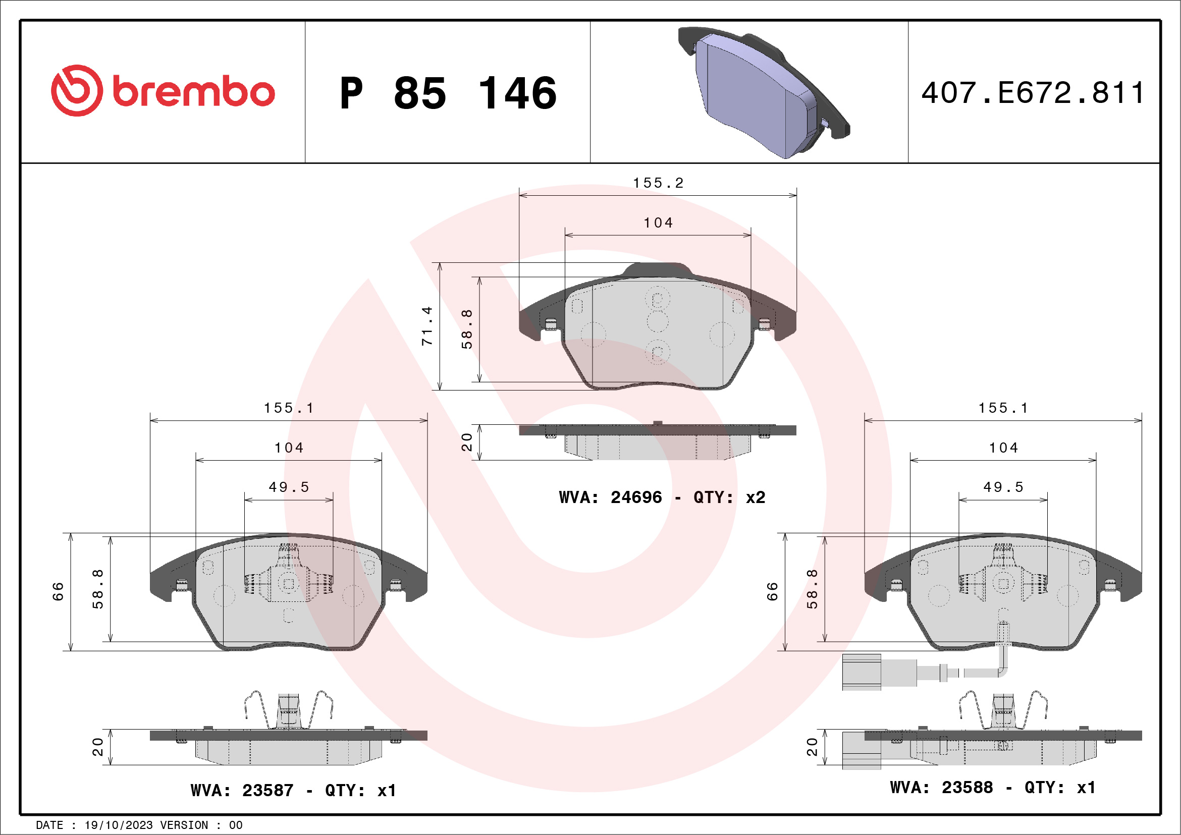 8020584081242 | Brake Pad Set, disc brake BREMBO P 85 146