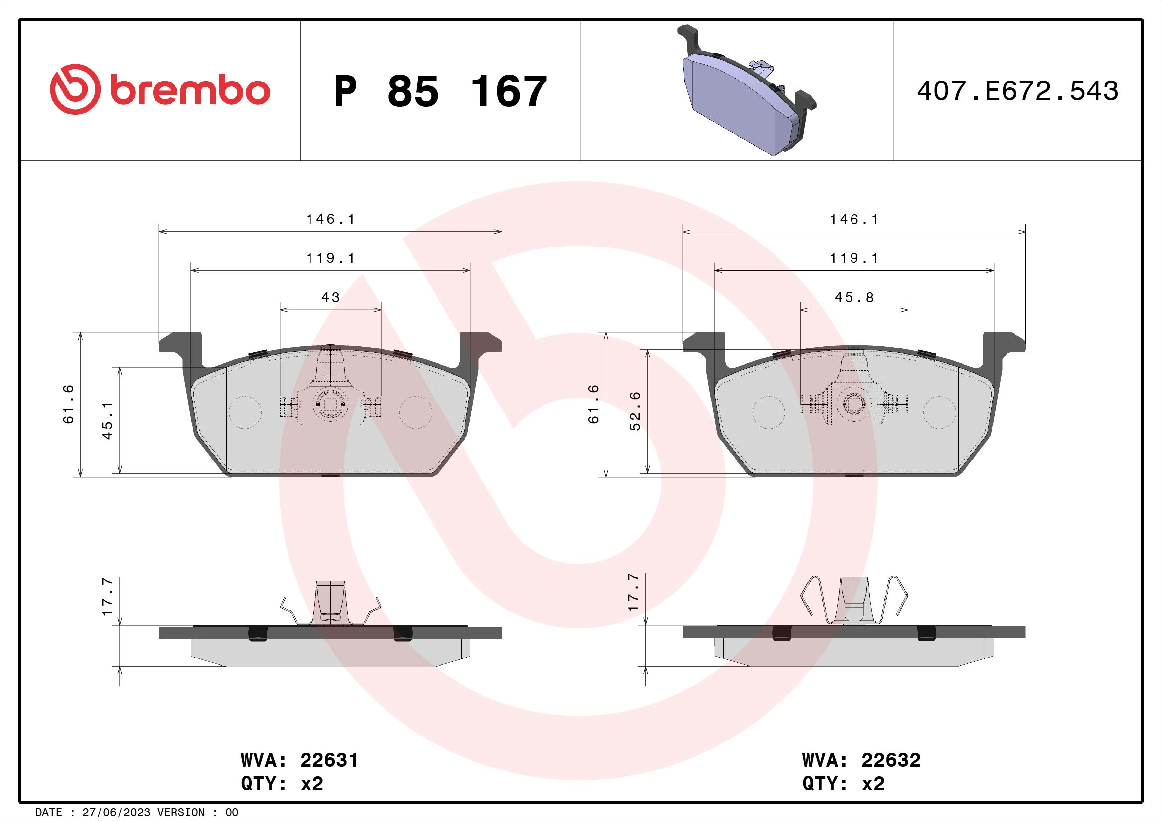 8020584087527 | Brake Pad Set, disc brake BREMBO P 85 167